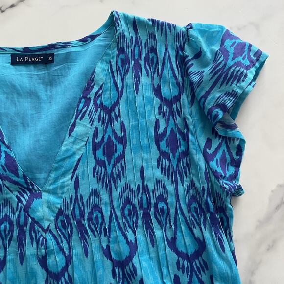 La Plage Bailey Tiered Maxi Dress Cotton Batik Leaf Blue coastal Boho Size XS - Picture 10 of 11